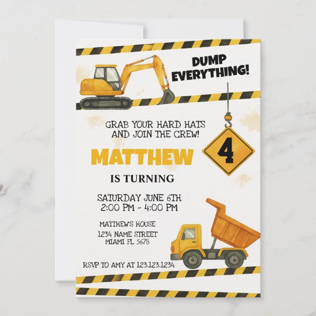 Custom Construction Birthday Invites (Front)