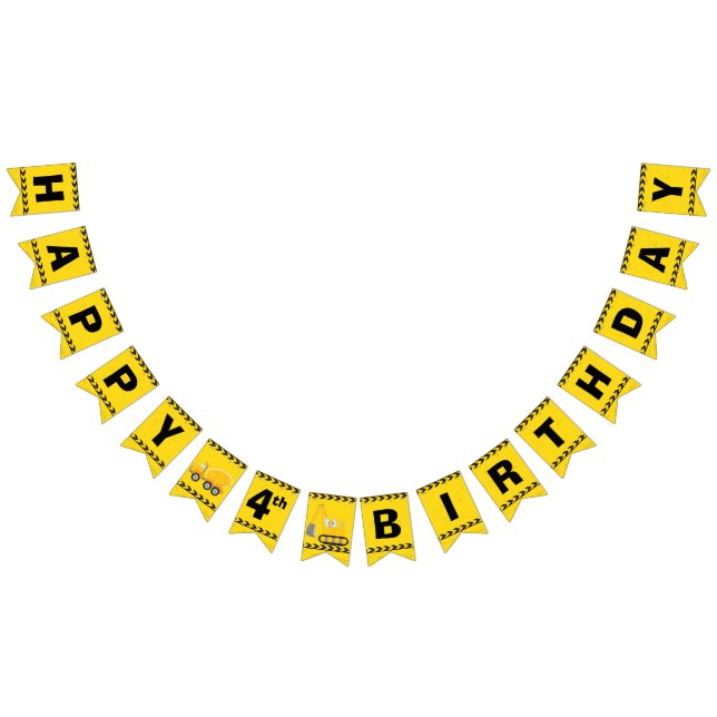 Custom Construction Boys 4th Birthday Party Yellow Bunting Flags (All)