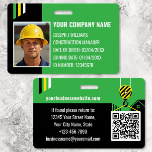 Custom Construction ID Work QR Code Green Black Badge