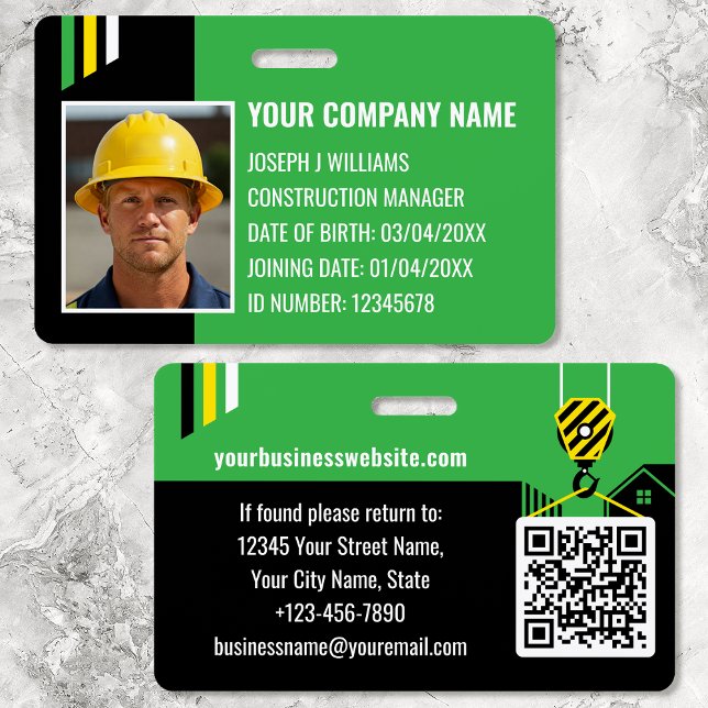 Custom Construction ID Work QR Code Green Black Badge (Creator Uploaded)