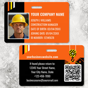 Custom Construction ID Work QR Code Orange Black Badge