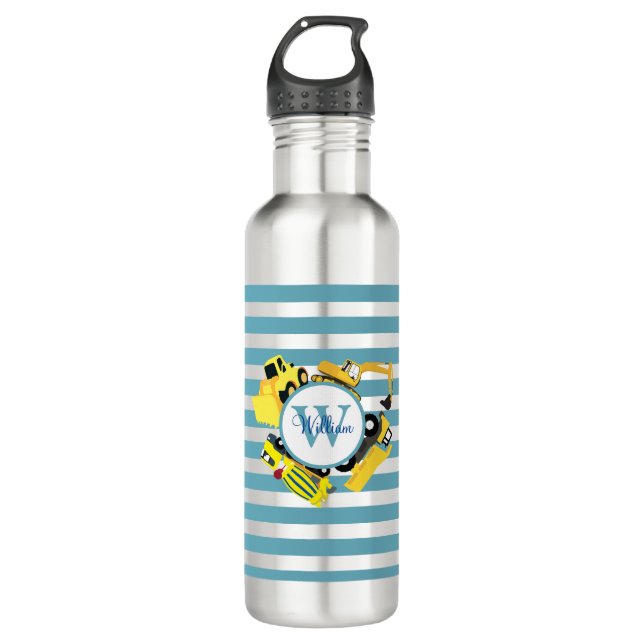 Custom Construction Trucks Blue Stripe 710 Ml Water Bottle (Front)