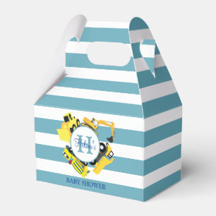 Custom Construction Trucks Blue Stripe Baby Shower Favor Box