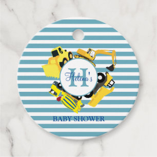 Custom Construction Trucks Blue Stripe Baby Shower Favour Tags