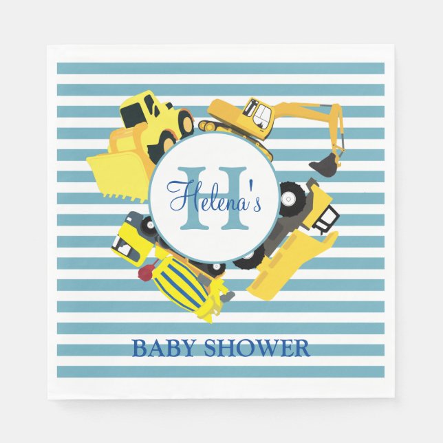 Custom Construction Trucks Blue Stripe Baby Shower Napkin (Front)