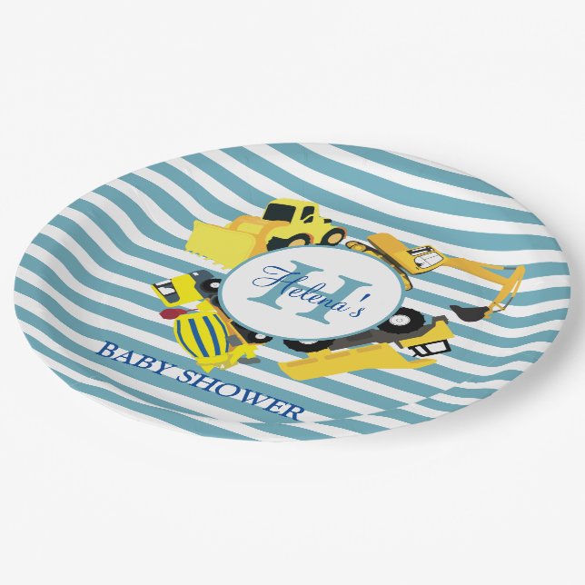 Custom Construction Trucks Blue Stripe Baby Shower Paper Plate (Angled)