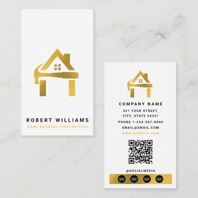 Custom Construction White Gold Home Building Lux Business Card (Front/Back)