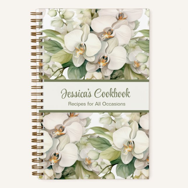 Custom Cookbook White Orchids Recipes Notebook (Front)