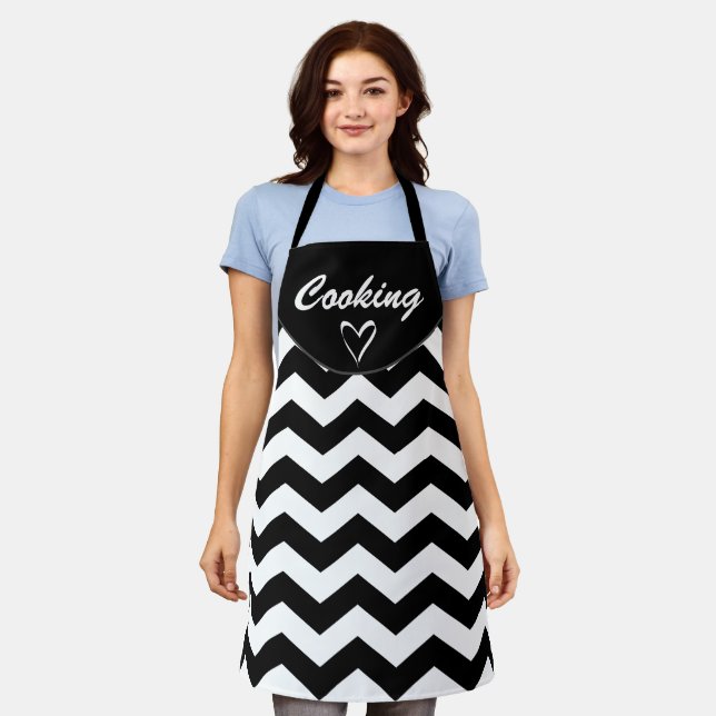 Custom Cooking Black & White Zigzag Chevron  Apron (Worn)