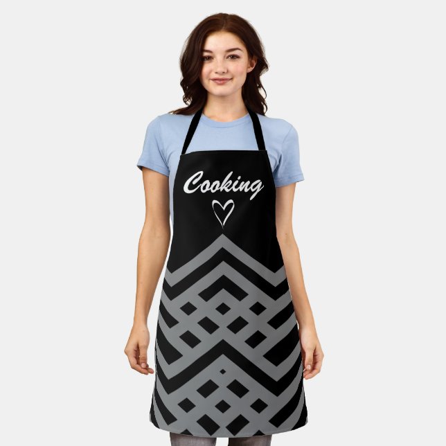 Custom Cooking Heart Black Geometric Line Design Apron (Worn)