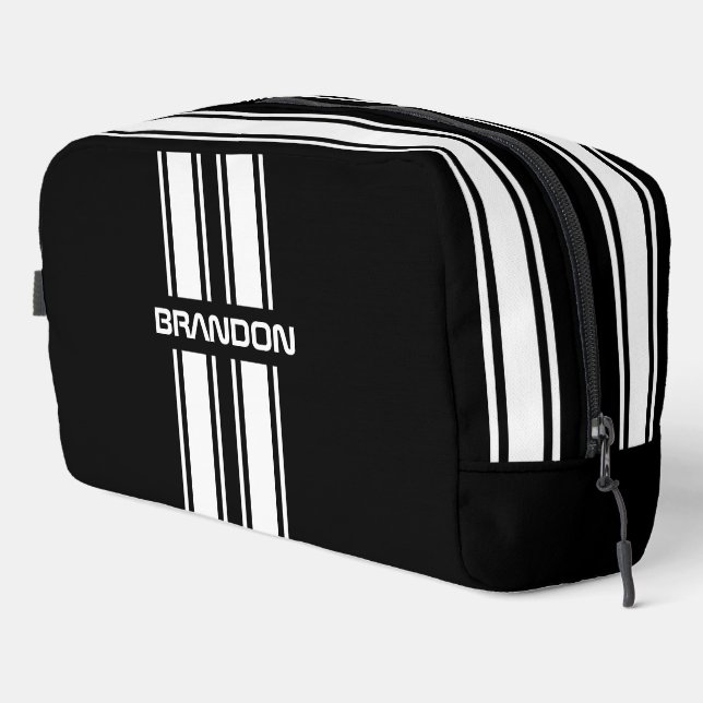 Custom Cool Black And White Auto Race Sport Stripe Dopp Kit (Right Corner)