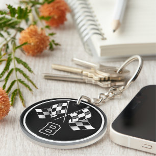 Custom Cool Black And White Checkered Flag Pattern Keychain