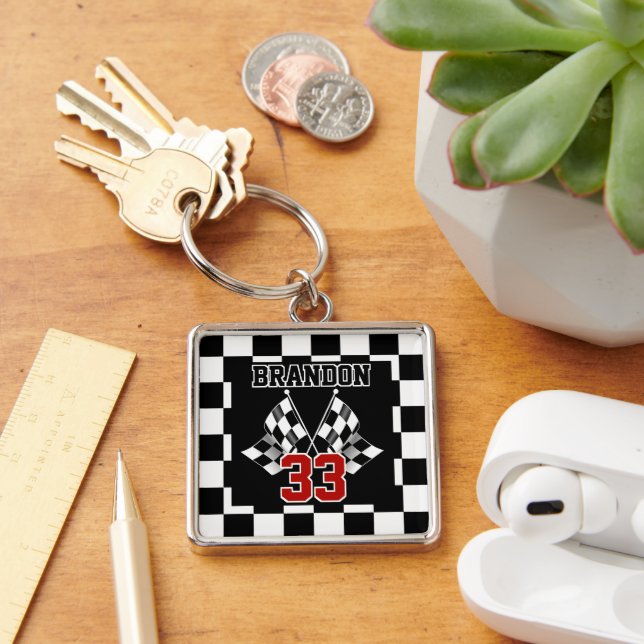 Custom Cool Black And White Chequered Flag Pattern Keychain (Desk)