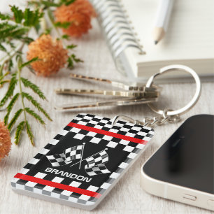 Custom Cool Black And White Chequered Flag Pattern Keychain