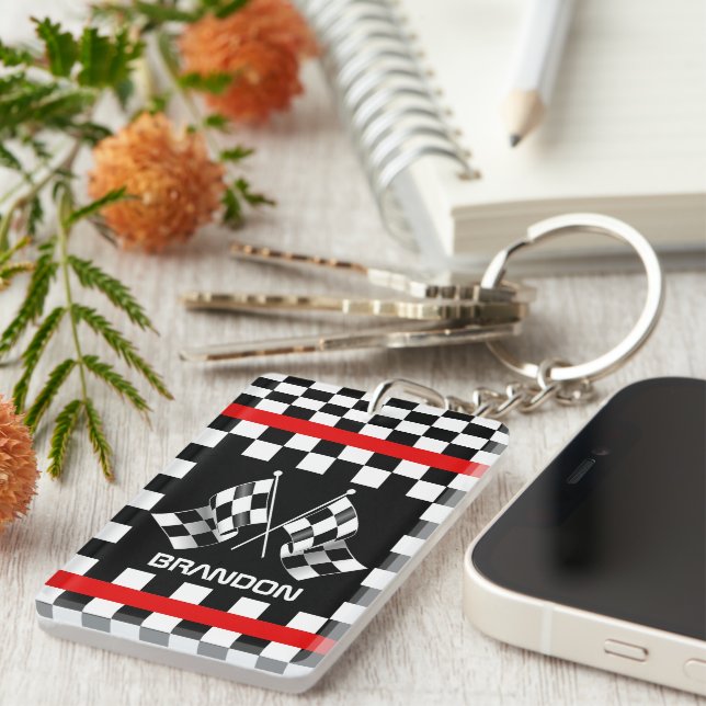 Custom Cool Black And White Chequered Flag Pattern Keychain (Front Right)