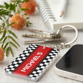 Custom Cool Black And White Chequered Flag Pattern Keychain