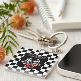 Custom Cool Black And White Chequered Flag Pattern Keychain
