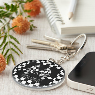 Custom Cool Black And White Chequered Flag Pattern Keychain