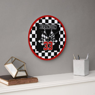 Custom Cool Black And White Chequered Flag Pattern Large Clock