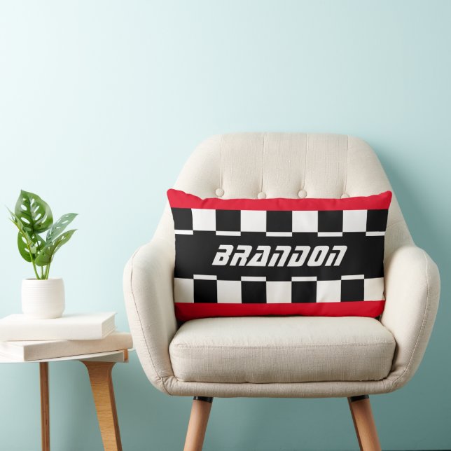 Custom Cool Black And White Chequered Flag Pattern Lumbar Pillow (Chair)