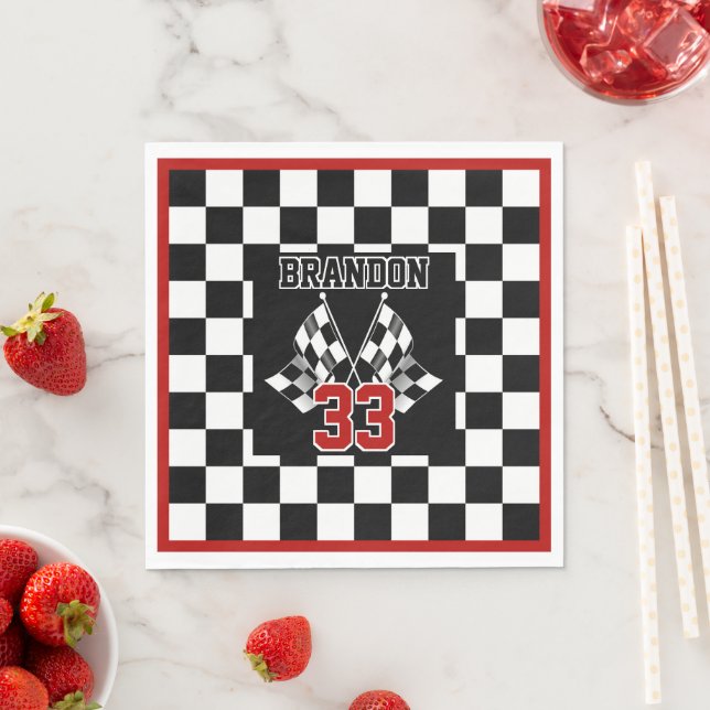 Custom Cool Black And White Chequered Flag Pattern Napkin (Insitu)