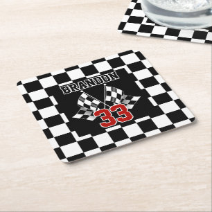 Custom Cool Black And White Chequered Flag Pattern Square Paper Coaster