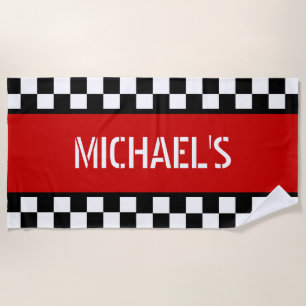 Custom Cool Black White Chequered Flag On Red Beach Towel