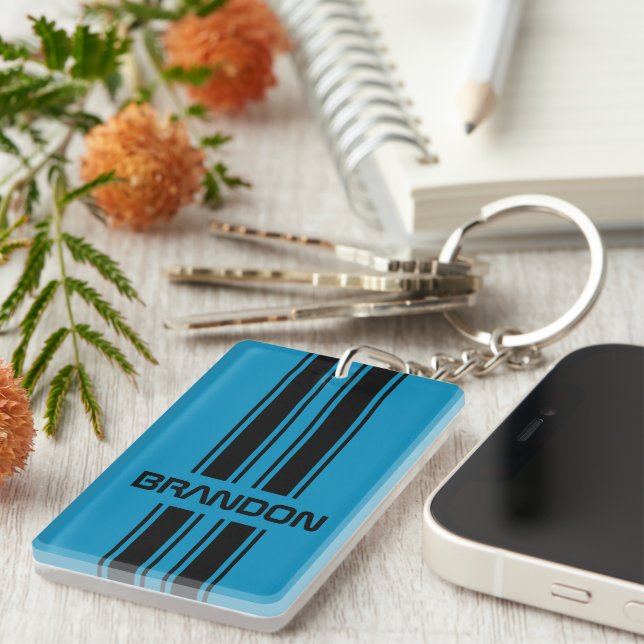 Custom Cool Blue And Black Auto Race Sport Stripes Keychain (Front Right)