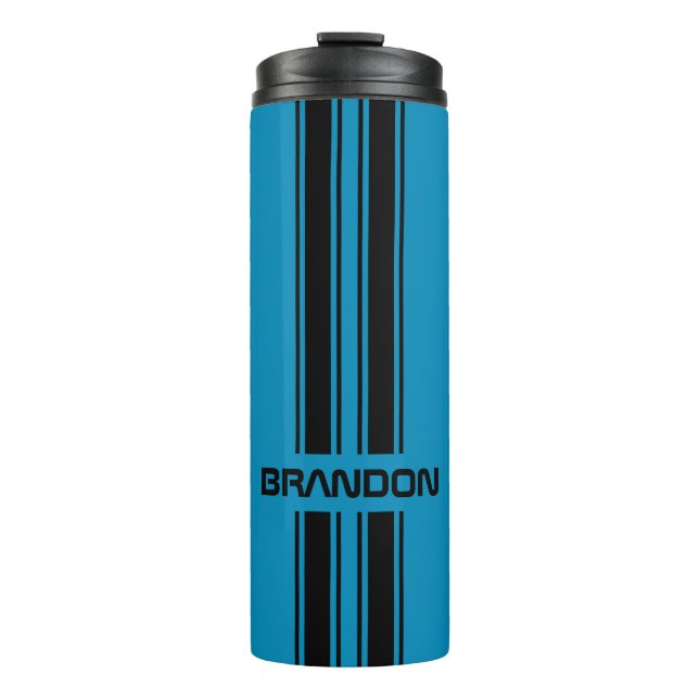 Custom Cool Blue And Black Auto Race Sport Stripes Thermal Tumbler (Front)