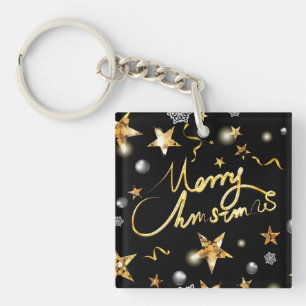 Custom Cool Gold Black Metallic Stars Merry Xmas  Keychain