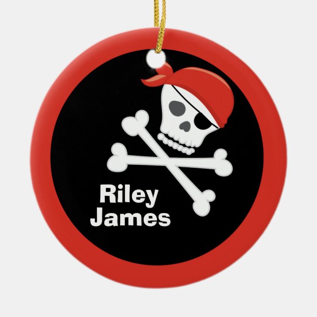 Custom Cool Pirate Skull Crossbones Ceramic Ornament (Front)