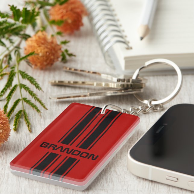 Custom Cool Red And Black Auto Race Sport Stripes Keychain (Front Right)