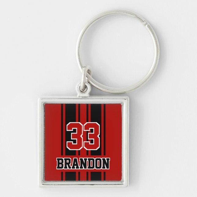 Custom Cool Red And Black Auto Race Sport Stripes Keychain (Front)