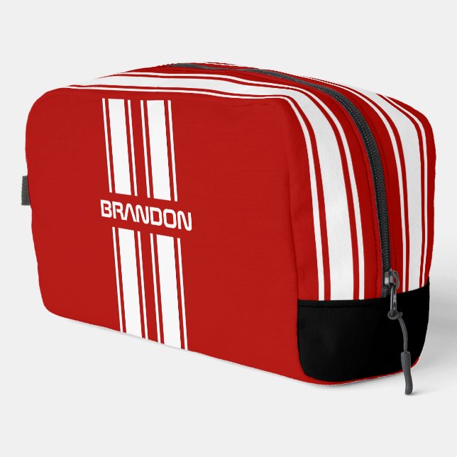 Custom Cool Red And White Auto Race Sport Stripe Dopp Kit (Right Corner)