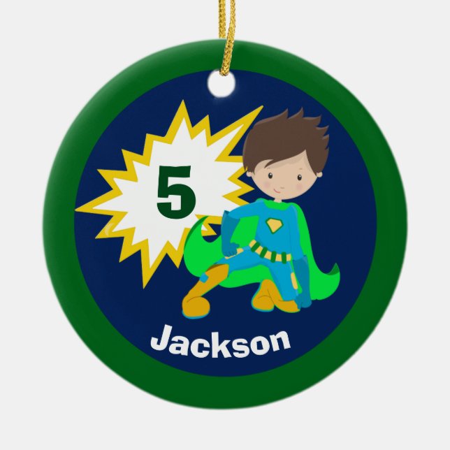 Custom Cool Superhero Kids Ceramic Ornament (Front)