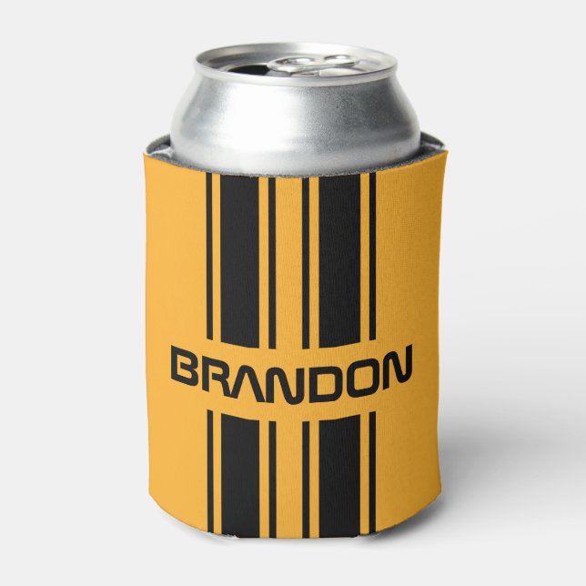 Custom Cool Yellow Black Auto Race Sport Stripe Can Cooler (Can Front)