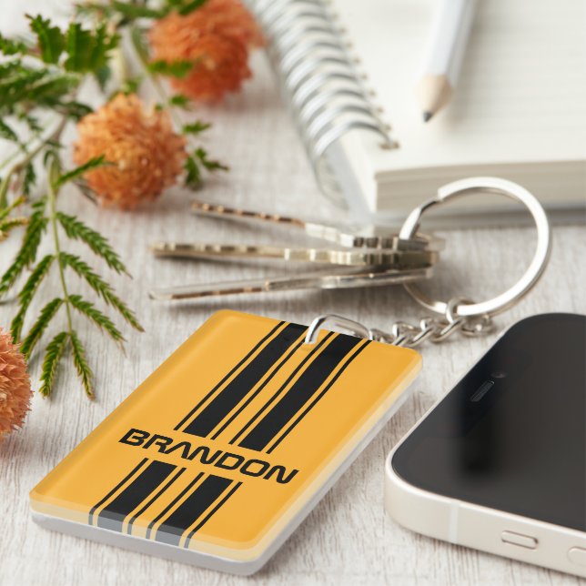 Custom Cool Yellow Black Auto Race Sport Stripe Keychain (Front Right)