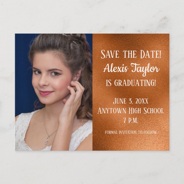 Custom Copper Graduation Save the Date Postcard (Front)
