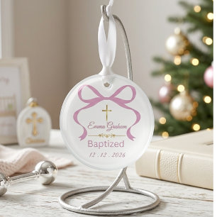Custom Coquette Bow Baptism Personalized Glass Ornament
