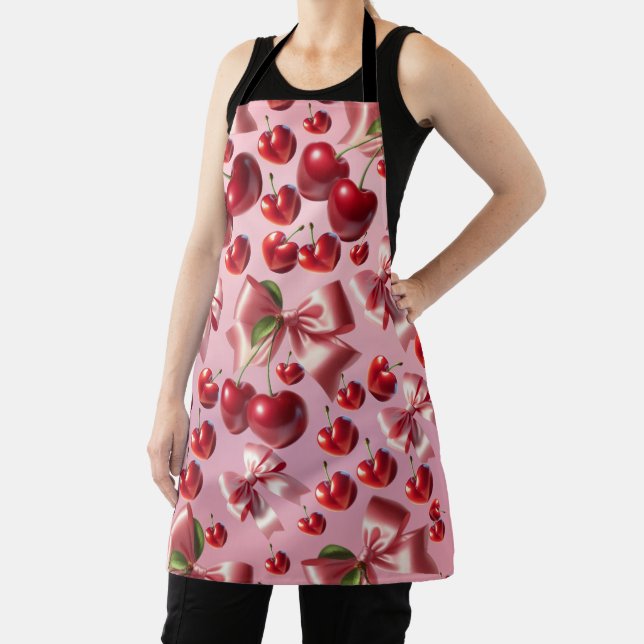 Custom Coquette Heart Cherry Bow Pattern Apron (Insitu)
