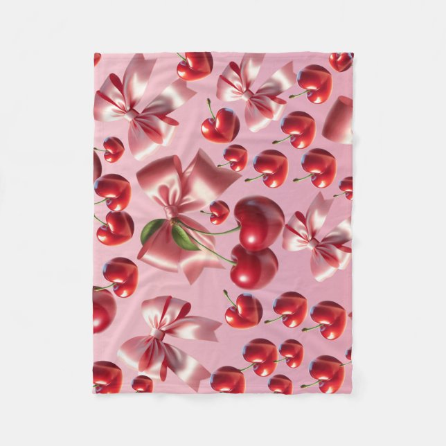 Custom Coquette Heart Cherry Bow Pattern Fleece Blanket (Front)