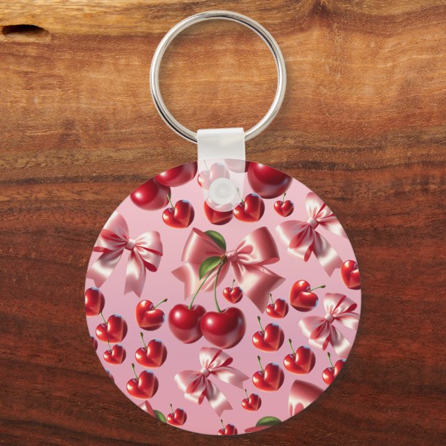 Custom Coquette Heart Cherry Bow Pattern Keychain (Front)