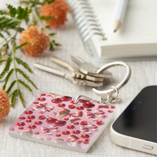 Custom Coquette Heart Cherry Bow Pattern Keychain