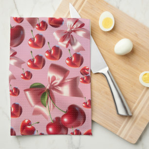 Custom Coquette Heart Cherry Bow Pattern Kitchen Towel