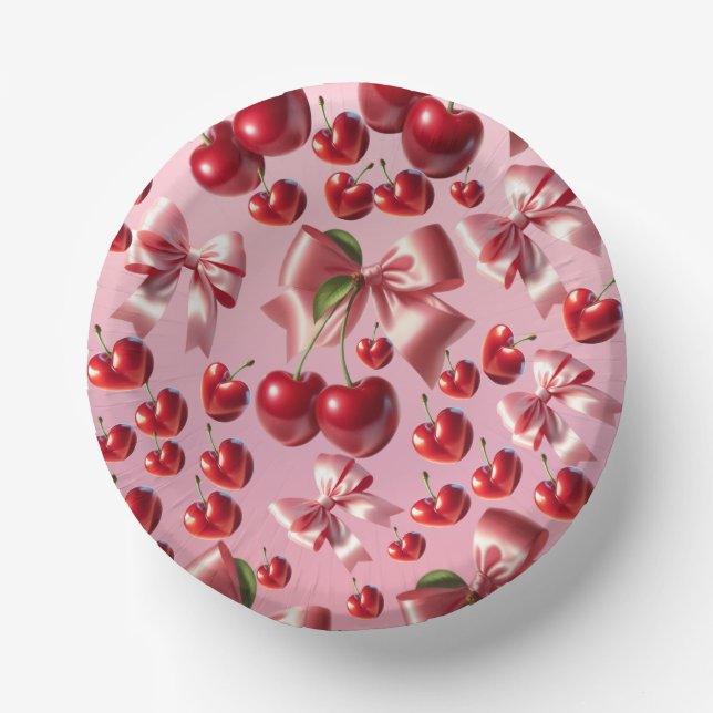 Custom Coquette Heart Cherry Bow Pattern Paper Plate (Front)