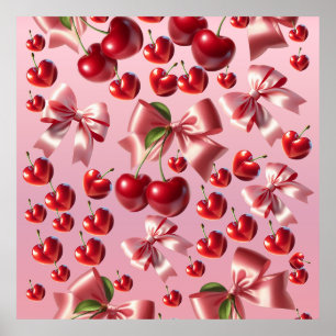 Custom Coquette Heart Cherry Bow Pattern Poster