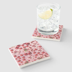 Custom Coquette Heart Cherry Bow Pattern Stone Coaster
