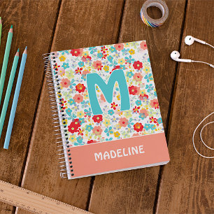 Custom Coral Blush Pink Aqua Blue Flower Pattern Notebook