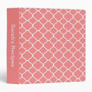 Custom Coral Pink and White Quatrefoil Pattern Binder