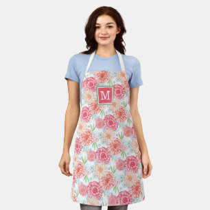 Custom Coral Pink Red Blue Green Floral Pattern Apron
